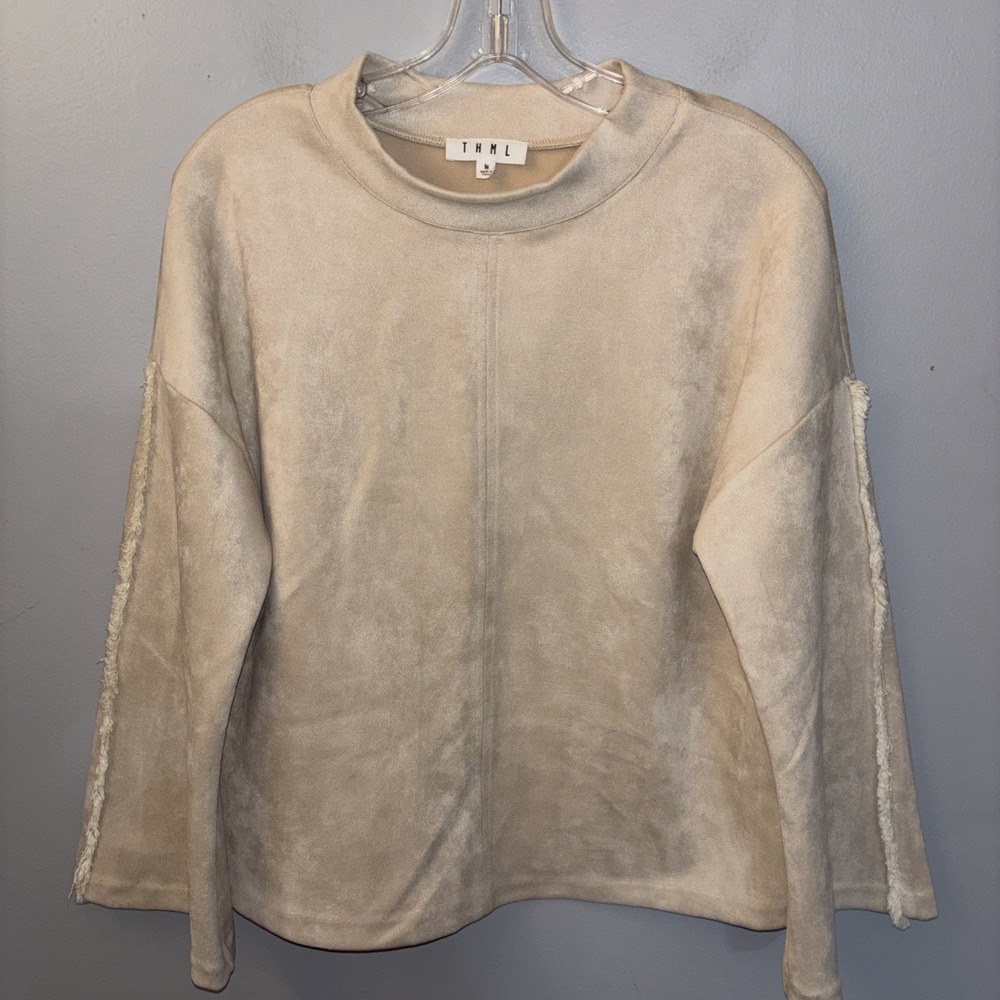 Anthropologie THML Velvet Suede Beige Fringe accent Sleeve Funnel Neck Size M
